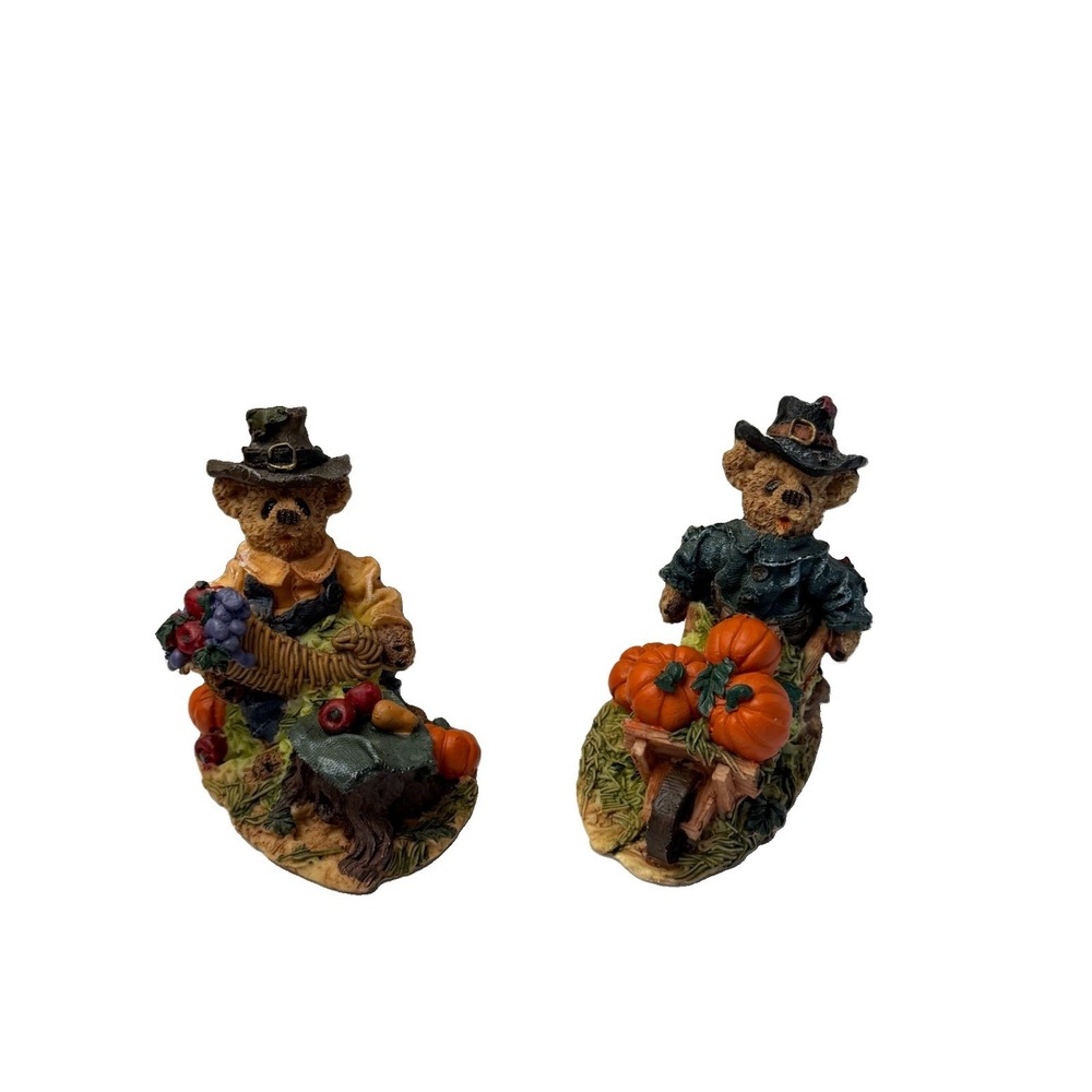 Thanksgiving Bear Figurine Set Resin Pumpkin Fall Table Decor 4.5" Vintage